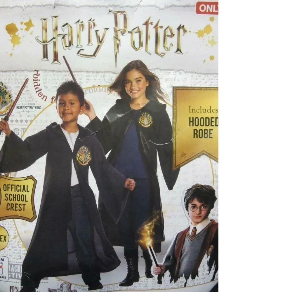 Harry Potter Hogwarts Robe & Light Up Wand Halloween Costume 8/10 Black Hooded